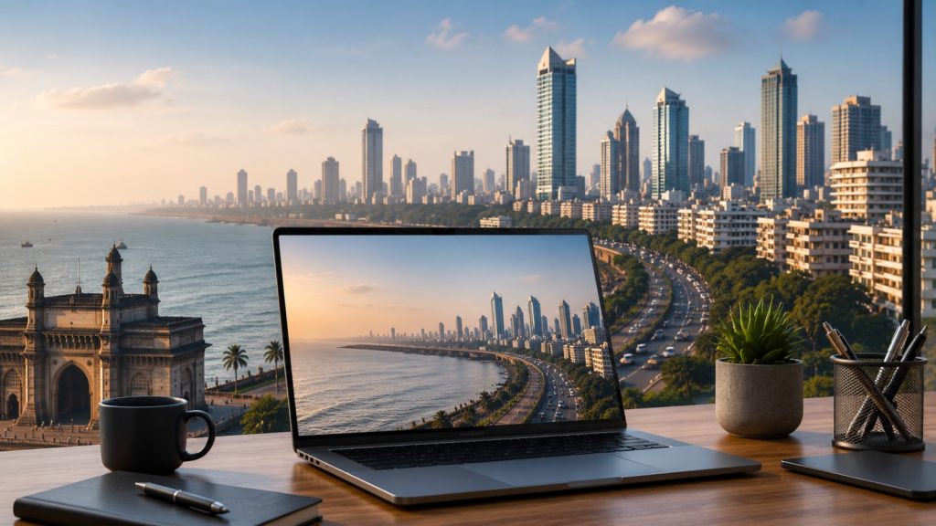 Laptop displaying Mumbai skyline with Gateway of India